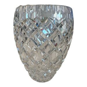 Heavy Cut Crystal Vase 6.5” Tall Diamond Crosshatch Pattern Starburst Base